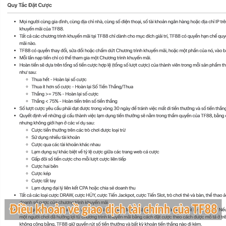 Điều khoản về giao dịch tài chính của TF88 Điều khoản về giao dịch tài chính của TF88