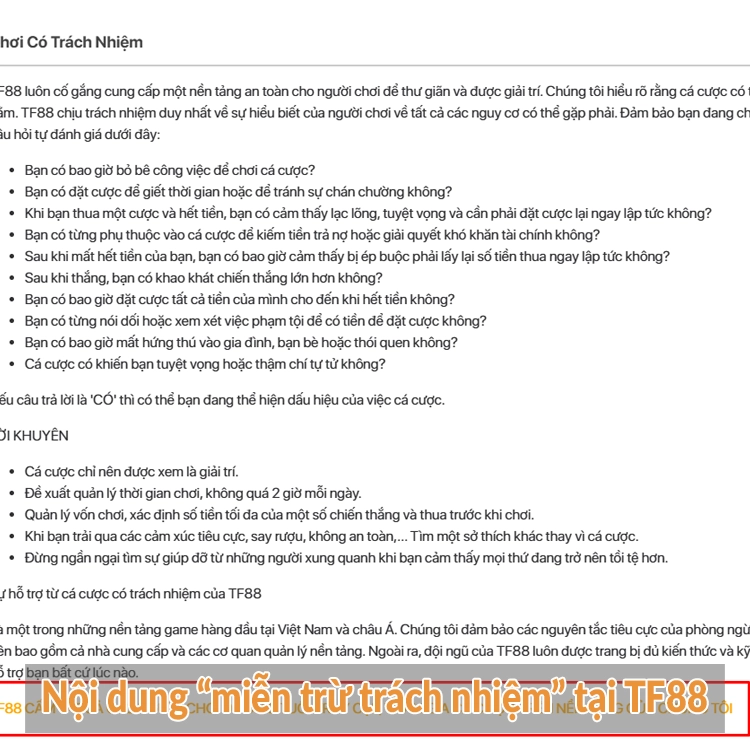 Nội dung “miễn trừ trách nhiệm” tại TF88 Nội dung “miễn trừ trách nhiệm” tại TF88